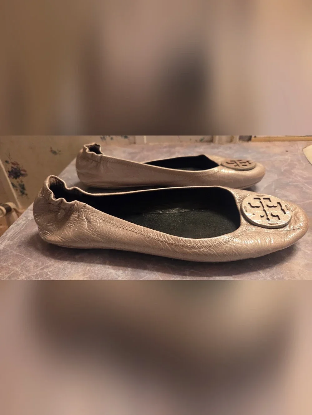 Tory Burch Metallic Gray Leather Ballet Flats